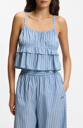 Boss Orange by Hugo Boss Crop Ruffle Cami in Blue Stripe at Nordstrom, Size 12