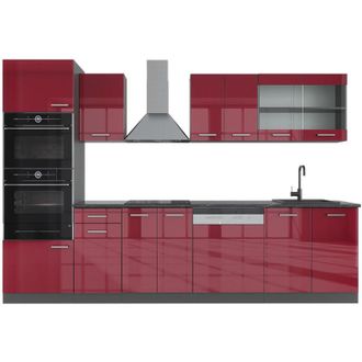 Vicco Mueble de cocina R-Line, Burdeos brillo intenso/antracita, 300 cm con armario alto, sin encimera