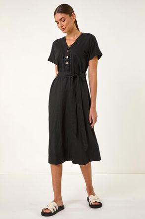Roman Button Linen Mix Midi Dress