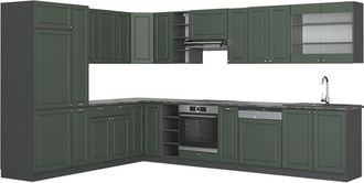 Vicco Cocina esquinera Fame-Line, Verde-Dorado Casa de campo/Antracita, 347 x 257 cm sin encimera