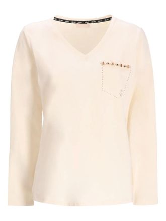 Liu Jo embellished V-neck long-sleeved T-shirt - women - Cotton - S - Neutrals