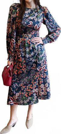 Fate Balloon Sleeve Wtih Self Belt Midi Dress In Peacock Multi