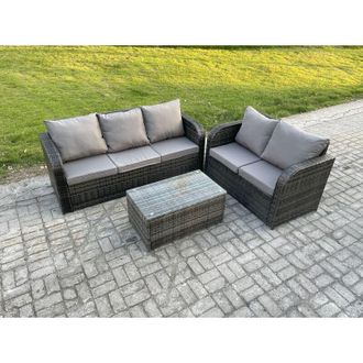 Fimous 5 Seater Rattan Wicker Garden Furniture Patio Conservatory Sofa Set with Rectangular Coffee Table 3 Seater Sofa Love Sofa Side Table - Fimous