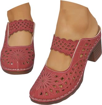 Generic Women Closed Round Toe Floral Cut Out Backless Platform Mules Chunky Super High Heel Slip on Stylish Dress Club Slide Sandals Retro Slip On Comfort Mu