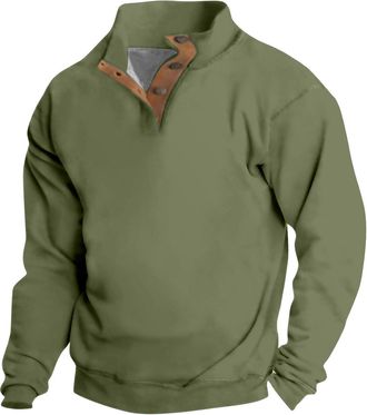 Generic Mens Warm Corduroy Sweatshirt Casual Stand Collar Quarter Fall Winter Button Pullover Sweaters Long Sleeve Warm Jumpers,Green,M