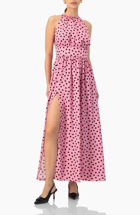 Ivonne Long Open-Leg Polka Dot Halter Neck Dress in Pink at Nordstrom, Size 10