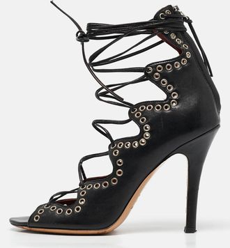 Isabel Marant Black Leather Eyelet Embellished Lace Up Lelie Sandals