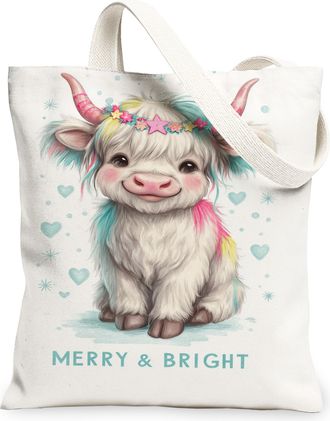 Generic Fanciful Animal Canvas Tote Bags, Cute Cow Design Reusable Grocery Bags, Holiday Cheer Lightweight Washable for Shopping Tr, White, 13x15 Inch