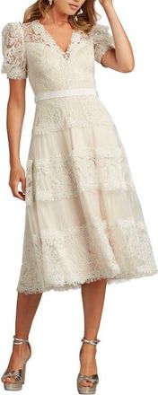 Tadashi Shoji Embroidered Lace Tiered Midi Dress in White/Petal at Nordstrom, Size 14