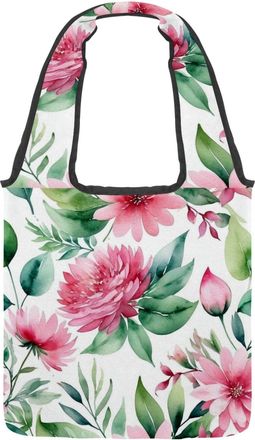 Generic Pink Flowers with Leaves Reversible Canvas Shoulder Tote - Double-Sided Print, 12oz Cotton, 27cm Drop, Fold-Flat Bag for Travel, Shopping, Street Outi