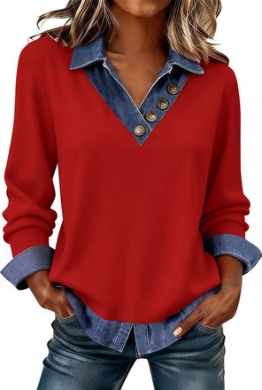 Generic Red Jumper Women, Ladies Jumpers Sweatshirts Long Sleeve Tops Women UK Trendy Denim Patchwork Tunics Blouse Going Out Slim Fit Pullover Shirts Dressy 