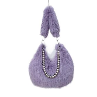 Generic Womens Plush Bags Faux Fur Womens Beaded Chain Underarm Bag Solid Color Plush Female Half Moon Shoulder Bags Winter Fluffy Hobos Handbags(PURPLE)