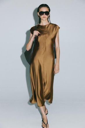 H&M Satin Midi Dress in Dark Beige at Nordstrom, Size X-Small