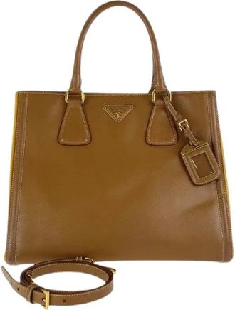 Prada Pre-owned Tote Bags, female, Brown, Size: ONE SIZE Pre-owned Saffiano Leather Bicolor Tote Bag