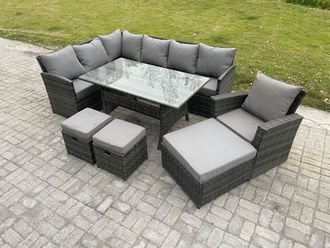 Fimous 10 Seater Outdoor Rattan Garden Furniture Set with Rectangular Dining Table 3 Footstool Armchiar Wicker Corner Sofa Set in Dark Grey