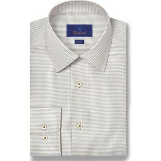 David Donahue Trim Fit Herringbone Check Cotton & Silk Dress Shirt in Sky/Dune at Nordstrom, Size 17.5 - 36