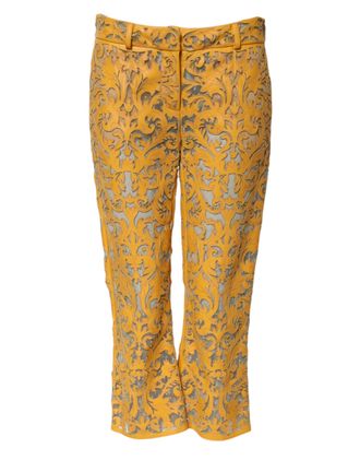Dolce & Gabbana Floral Lace Bull Leather Capri Pants - Yellow