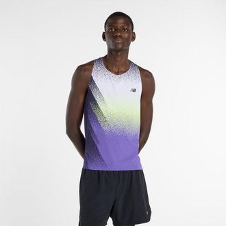 New Balance Mens Race Day Ultra Light Printed Singlet in Purple/White Poly Knit, size X-Large