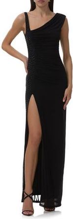AFRM Becky Rhinestone Shirred Cocktail Dress in Noir at Nordstrom Rack, Size Medium