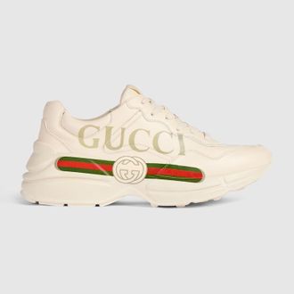 Gucci Womens Rhyton Sneaker With Gucci Logo, White, Leather
