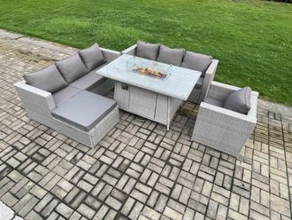 Fimous 8 Seater Outdoor Garden Dining Sets Rattan Furniture Gas Fire Pit Dining Table Gas Heater with Armchair in Light Grey