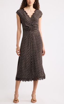 Nordstrom Lace Trim Leopard Print Midi Dress in Brown- Ivory Quynh Dot at Nordstrom, Size Xx-Small