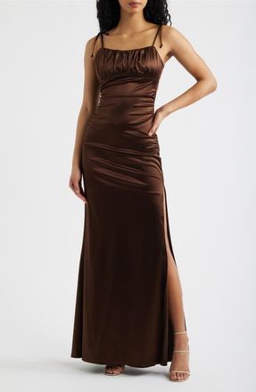 Emerald Sundae Emma Ruched Tie Strap Satin Gown in Chocolate at Nordstrom, Size X-Small