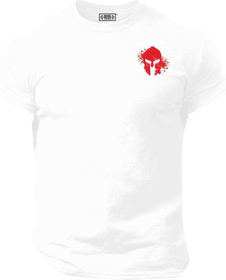 Generic Blood Spartan Helmet T Shirt Pocket Gym Clothing Bodybuilding Training Workout Exercise MMA Top - Red Print (UK, Alpha, XXL, Regular, Regular, White)