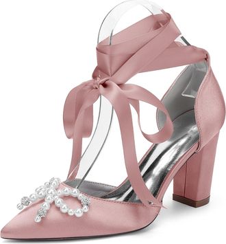 Generic Bridal Wedding Shoes Womens Chunky Heels Closed Toe Pointed Toe Heels with Bow and Crystal Pearl 8.5Cm,and Flesh Pink.,10 UK