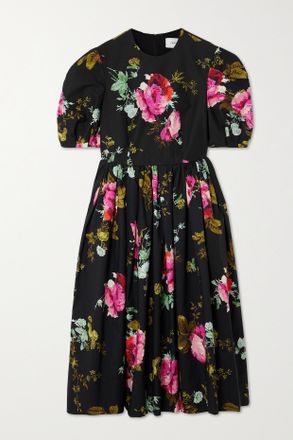 Erdem Abito Midi In Faille Di Cotone Floreale Con Arricciature - Nero