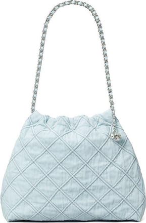 Tory Burch Fleming Soft Quilted Denim Hobo Bag in Seltzer at Nordstrom