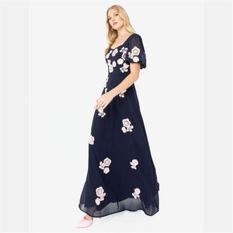 Maya Womens Square Neck Short Sleeve Maxi Gown in Navy - Size 10 UK