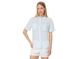 Lilly Pulitzer Lynnie Button-Down Womens Clothing Hydra Blue X Resort White : LG, Down/Linen