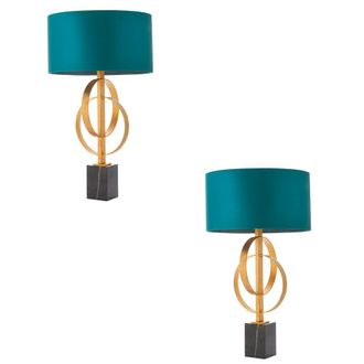 Loops 2 PACK Antique Gold Table Lamp & Teal Satin Shade - Black Marble Base Desk Light