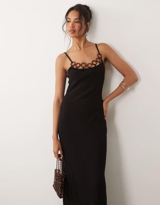 Never Fully Dressed Sapna - Vestito lungo nero con spalline sottili e dettaglio ad anello