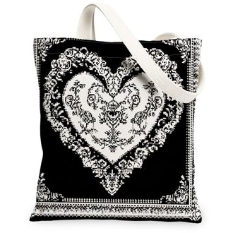 Generic Vintage Heart Pattern Canvas Tote Bags, Elegant Floral Design Reusable Grocery Bags, Lightweight Washable Shoulder Strap Canvas for Travel Shopping Be