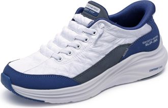 Skechers Womens Contour Foam Slip-On Sneakers, White Mesh/Navy Duraleather/Leather/Trim, 5.5 UK
