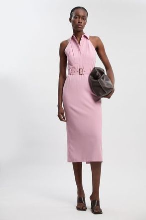Karen Millen Collard Halter Neck Belted Midi Dress in Pink at Nordstrom, Size 12