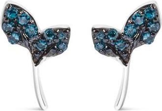 House of Brilliance Sterling Silver Blue Treated Diamond Accent Leaf Stud Earrings at Nordstrom