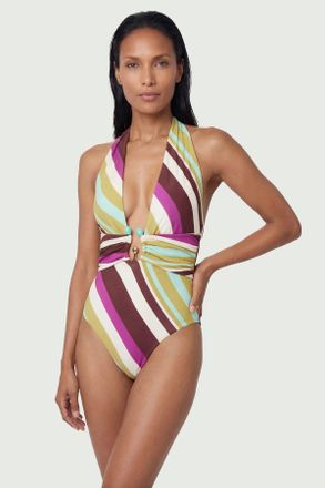 Karen Millen Womens Diagonal Stripe Plunge Swimsuit With Stone Detail - Purple Nylon - Size X-Small