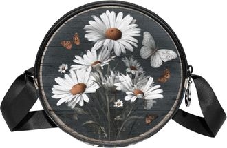 Generic Circle Crossbody Bag for Women, Wooden Circular Daisies Small Sling Bag Daypack with Zipper Adjustable Shoulder Straps Casual Ladies Girls Round Purse