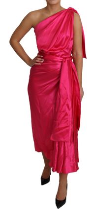 Dolce & Gabbana Womens Dress Pink Fitted Cut One Shoulder Midi Silk