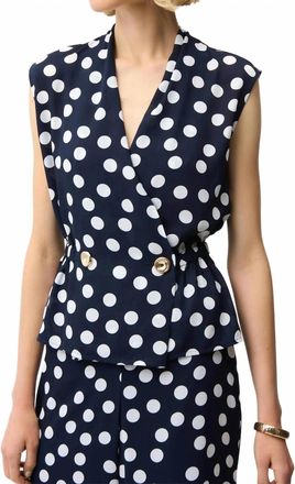 Joseph Ribkoff Georgette Dot Print Wrap Peplum Top With Buttons In Midnight Blue/vanilla
