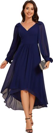 Ever-pretty Women Dress Midi Bridesmaid Dress High-Low Chiffon with Double V and Long Sleeve Elegant Wedding Guest Dress Navy Blue 16UK