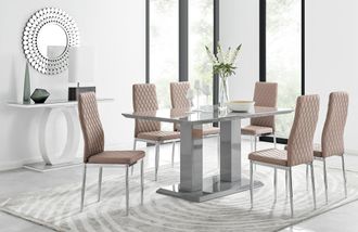 Furniturebox Imperia Grey Modern High Gloss Dining Table & 6 Milan Dining Chairs Set in Beige