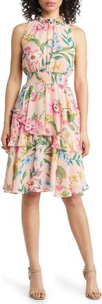 Eliza J Floral Sleeveless Smock Waist Dress in Blush at Nordstrom, Size 0