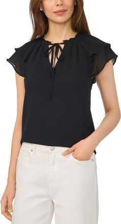 CeCe by Cynthia Steffe Fluttery Sleeve Tie Neck Top in Rich Black at Nordstrom, Size Xx-Small