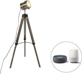 QAZQA Lampada da tavolo tripode braha - Industriale - Legno,Acciaio - Marrone/Ottone - Tondo E14 Max. 1 x 4.5 Watt - Qazqa