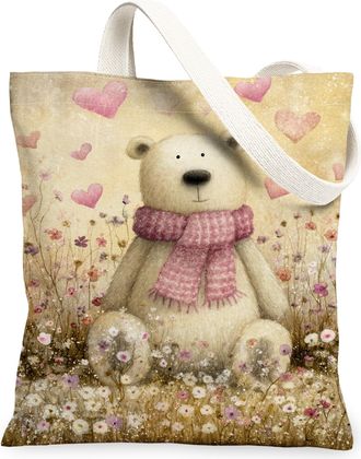 Generic Cute Bear Canvas Tote Bags, Animal Heart Pattern Reusable Grocery Bags, Spring Floral Vintage Lightweight Washable Shoulder, Beige, 13x15 Inch
