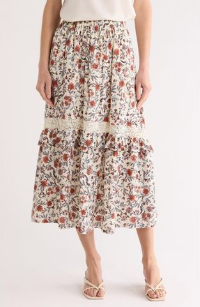 Melrose and Market Ruffle Lace Inset Maxi Skirt in Ivory- Pink Fleurette at Nordstrom Rack, Size Xx-Large